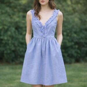 Banana Republic Blue Linen Blend Ruffle V-Neck Fit & Flare Dress Pockets Size 0